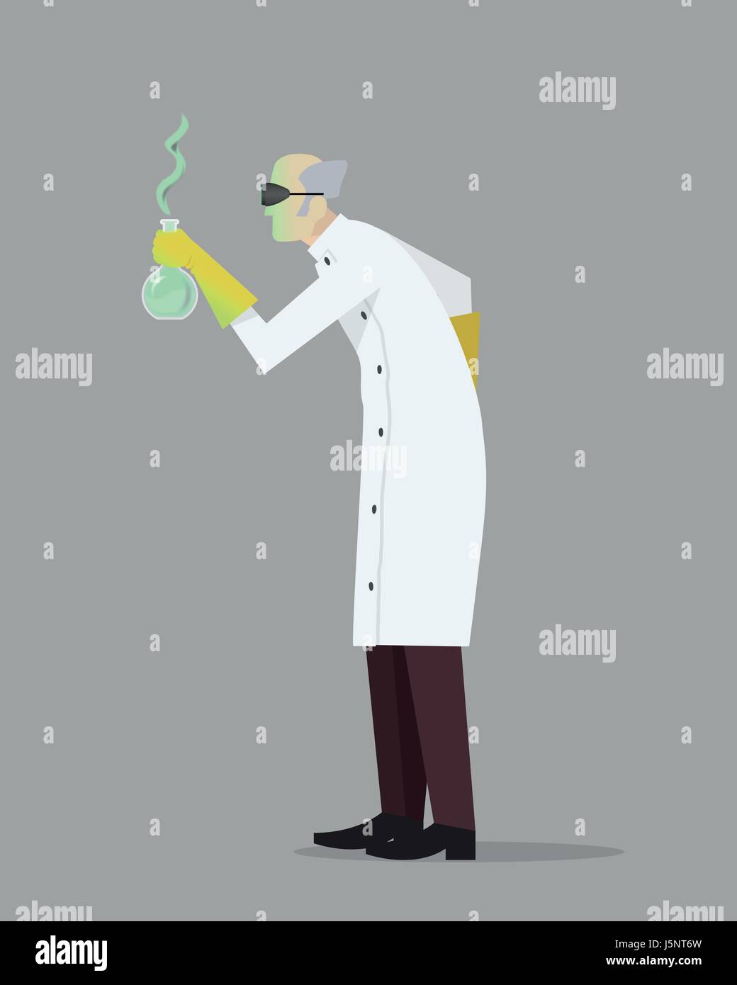 Un pazzo scienziato pazzo nel suo laboratorio e la sperimentazione su formula segreta. Illustrazione Vettoriale