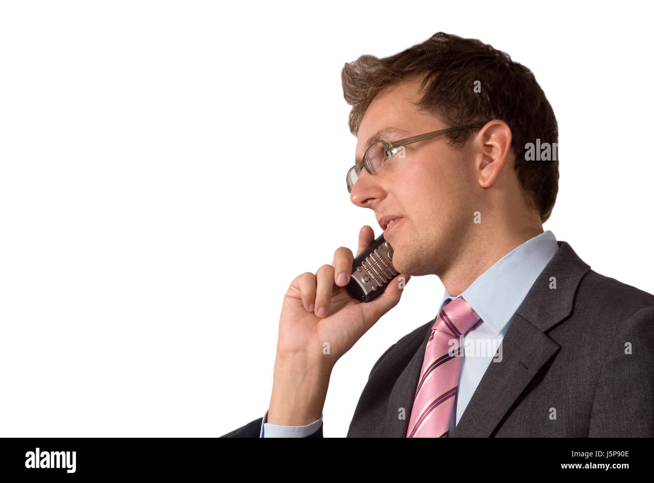 Conversazione telefono telefono ufficio gesticulate meditativa ritratto opzionale Foto Stock