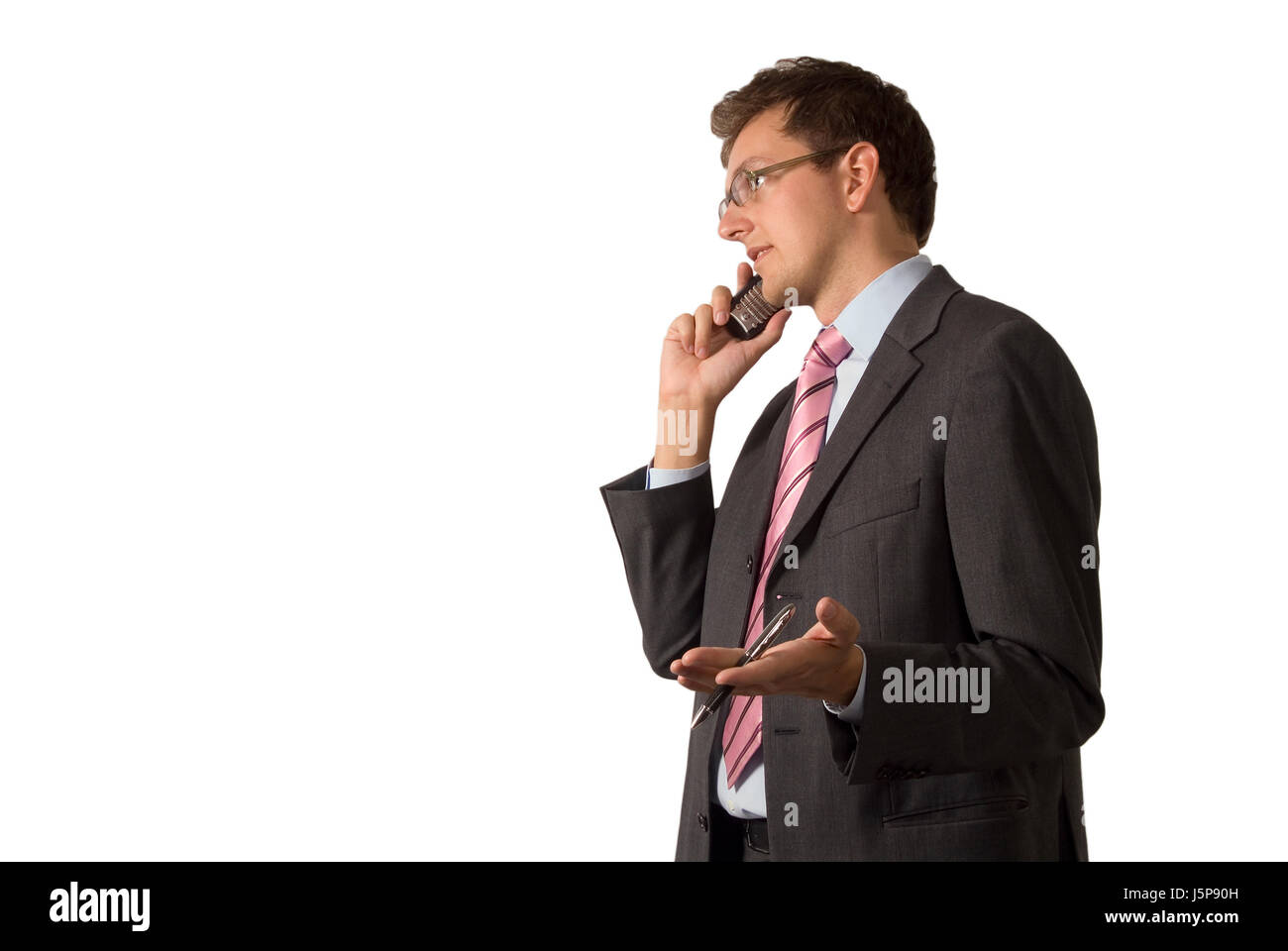 Conversazione telefono telefono ufficio gesticulate meditativa ritratto opzionale Foto Stock