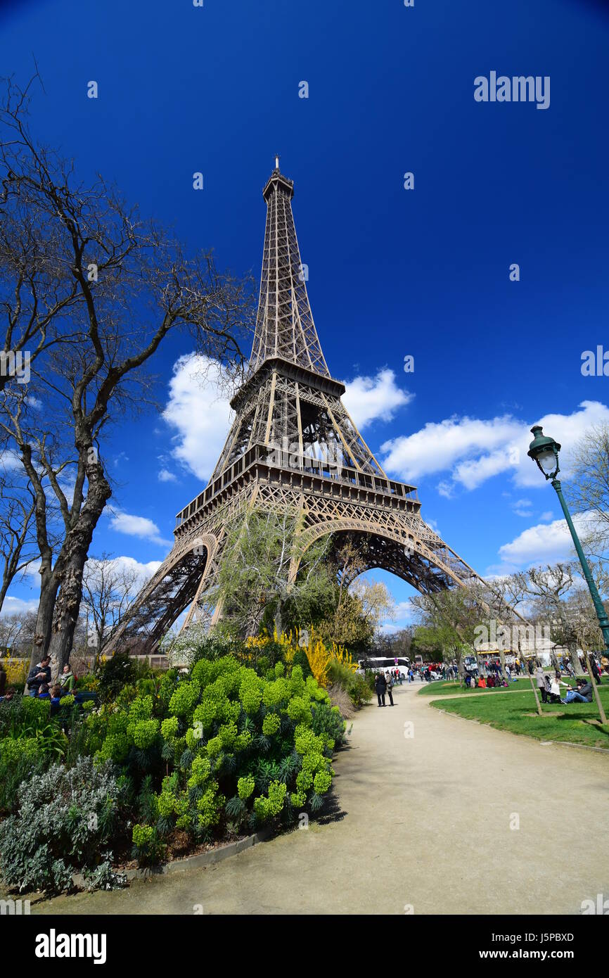 La mitica Torre Eiffel su Champ de Mars a Parigi, prese con un obiettivo grandangolare Foto Stock