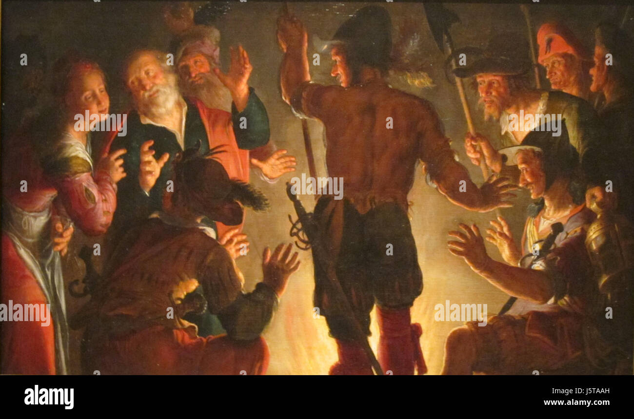 "The Denial of Peter" è un dipinto di Peter Wtewael, creato intorno al 1624-28. L'opera raffigura una scena biblica del nuovo Testamento, che ritrae il momento in cui Pietro nega Cristo tre volte. Foto Stock