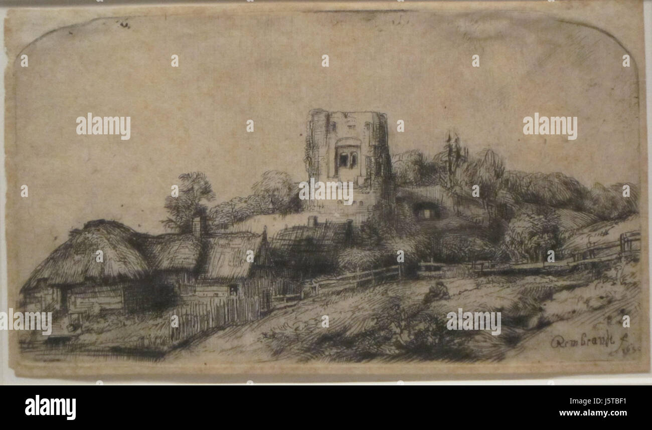 'Paesaggio con torre quadrata' da Rembrandt van Rijn, 1650, incisione e puntasecca, Honolulu Museum of Art Foto Stock 'Paesaggio con torre quadrata' da Rembrandt van Rijn, 1650, incisione e puntasecca, Honolulu Museum of Art Foto Stock
