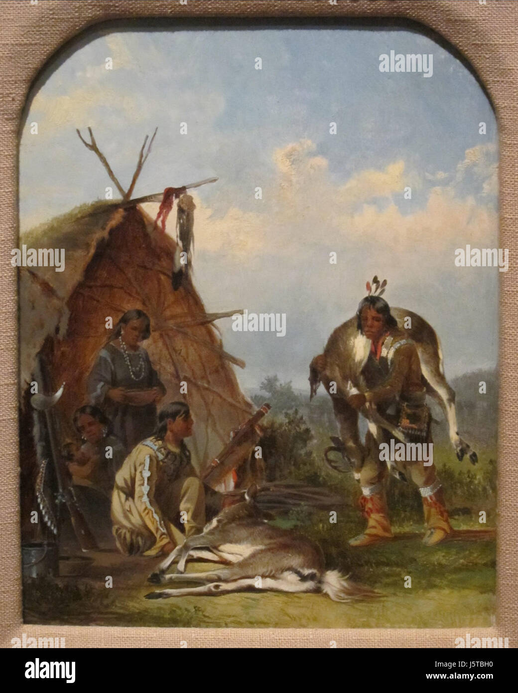 "Indians with Deer" è un dipinto di John Mix Stanley, esposto al Cincinnati Art Museum. Raffigura figure dei nativi americani con cervi in un ambiente naturale, mostrando l'esplorazione dell'artista del West americano. Foto Stock