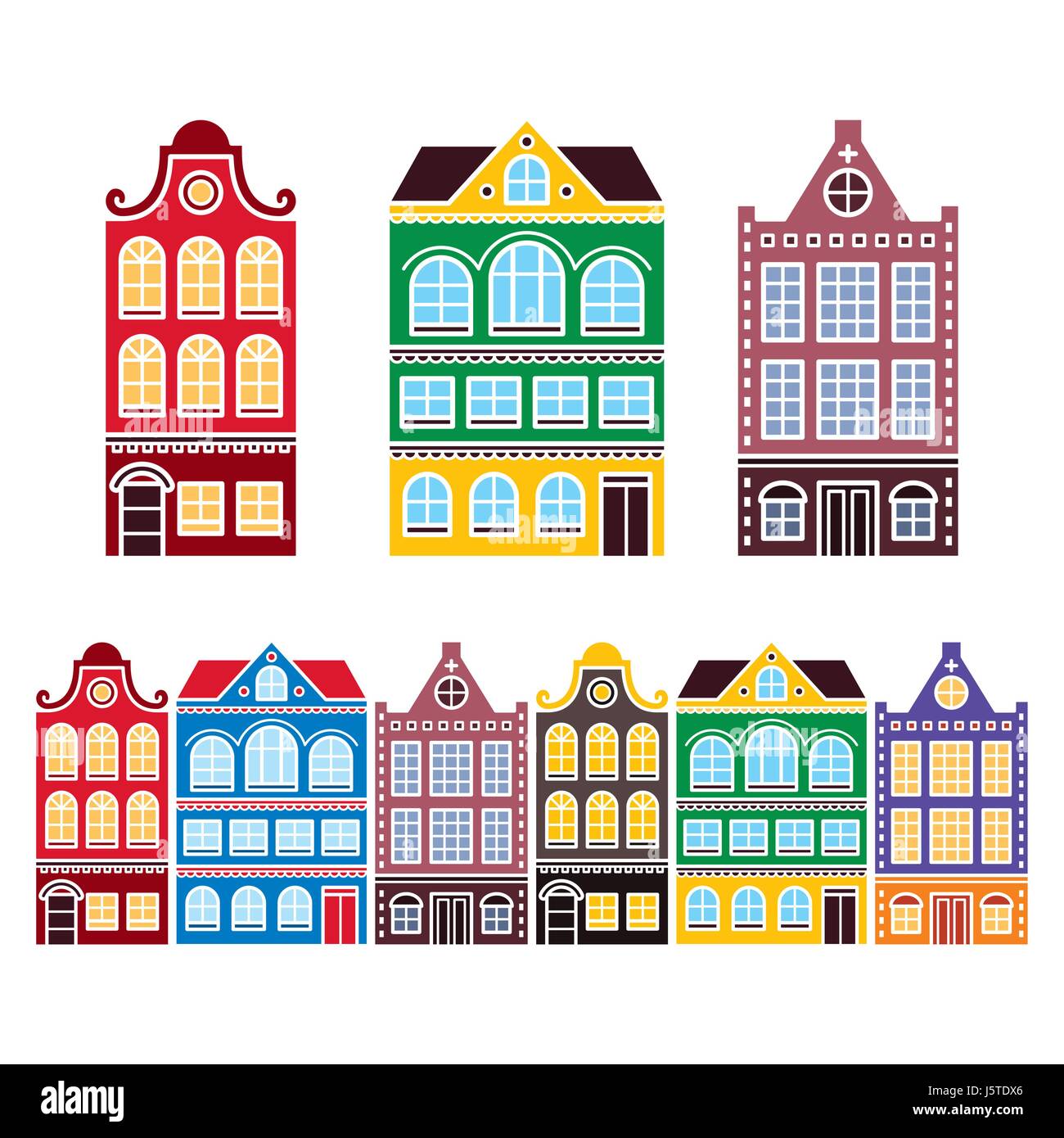 Case di Amsterdam, edifici Olandese, Olanda o Paesi Bassi archictecture icone Illustrazione Vettoriale