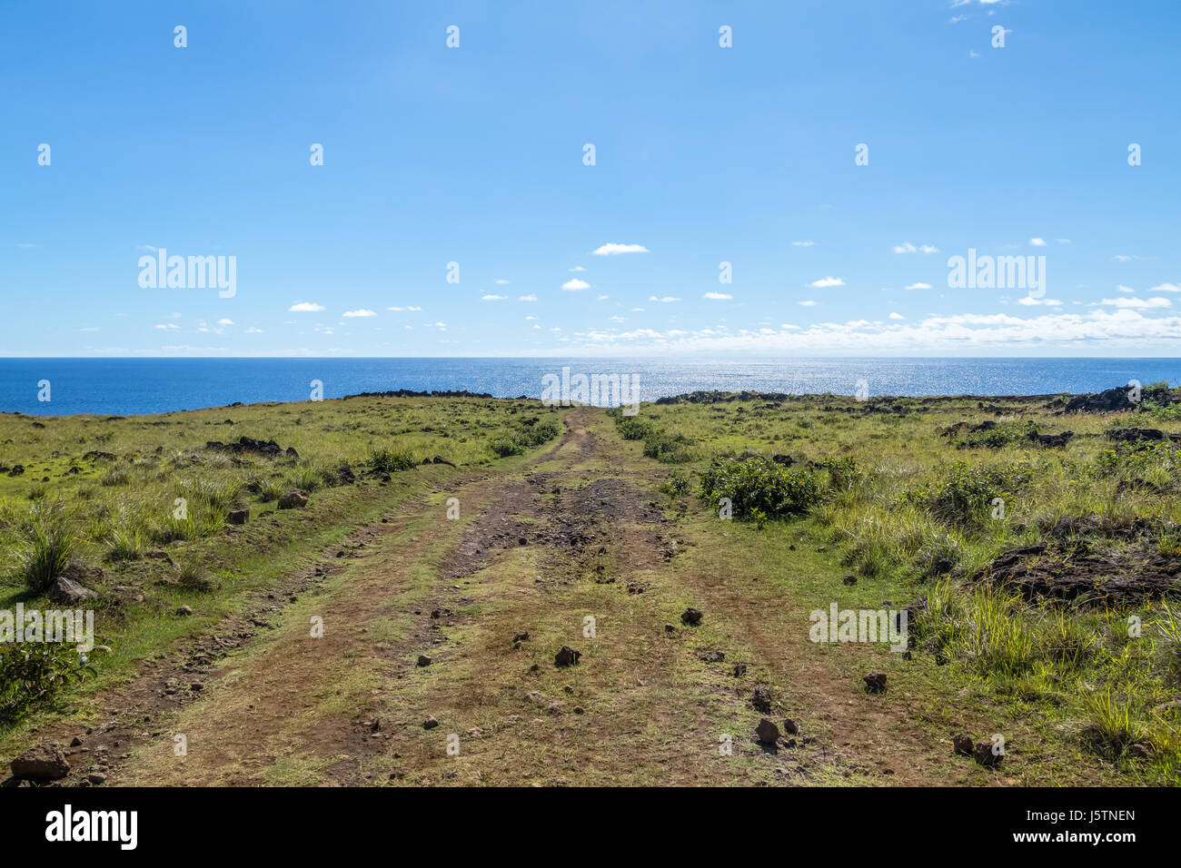 Strada sterrata che conduce all'oceano - Isola di Pasqua, Cile Foto Stock