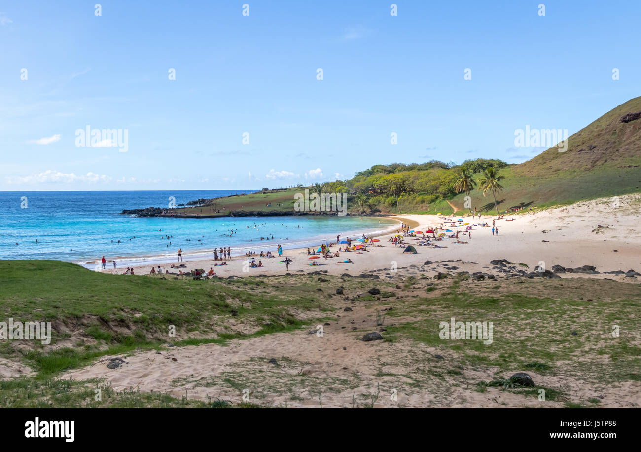 Spiaggia di Anakena - Isola di Pasqua, Cile Foto Stock