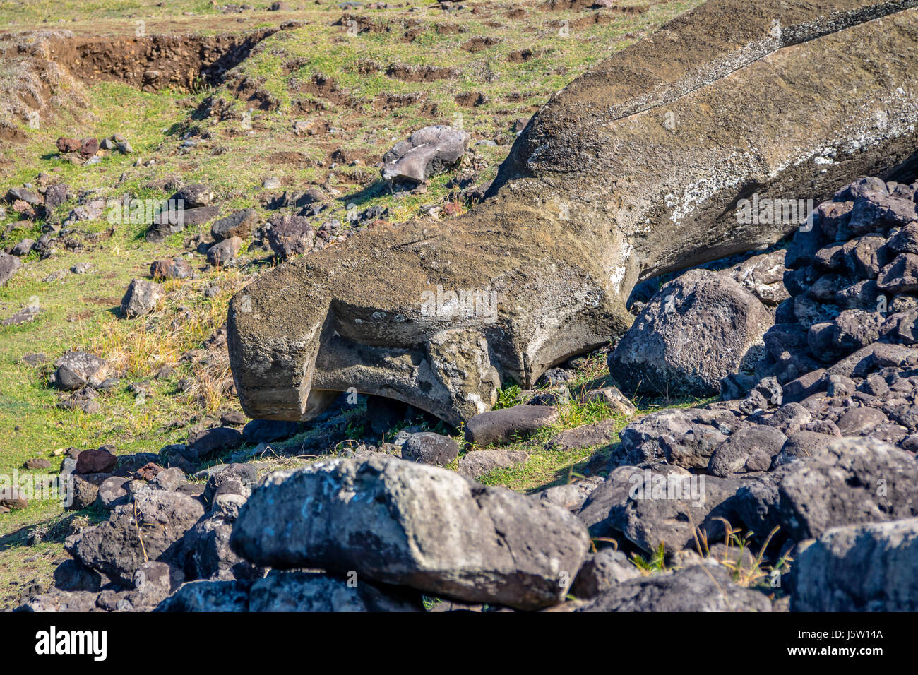 Caduto il moai statue a Ahu Akahanga - Isola di Pasqua, Cile Foto Stock