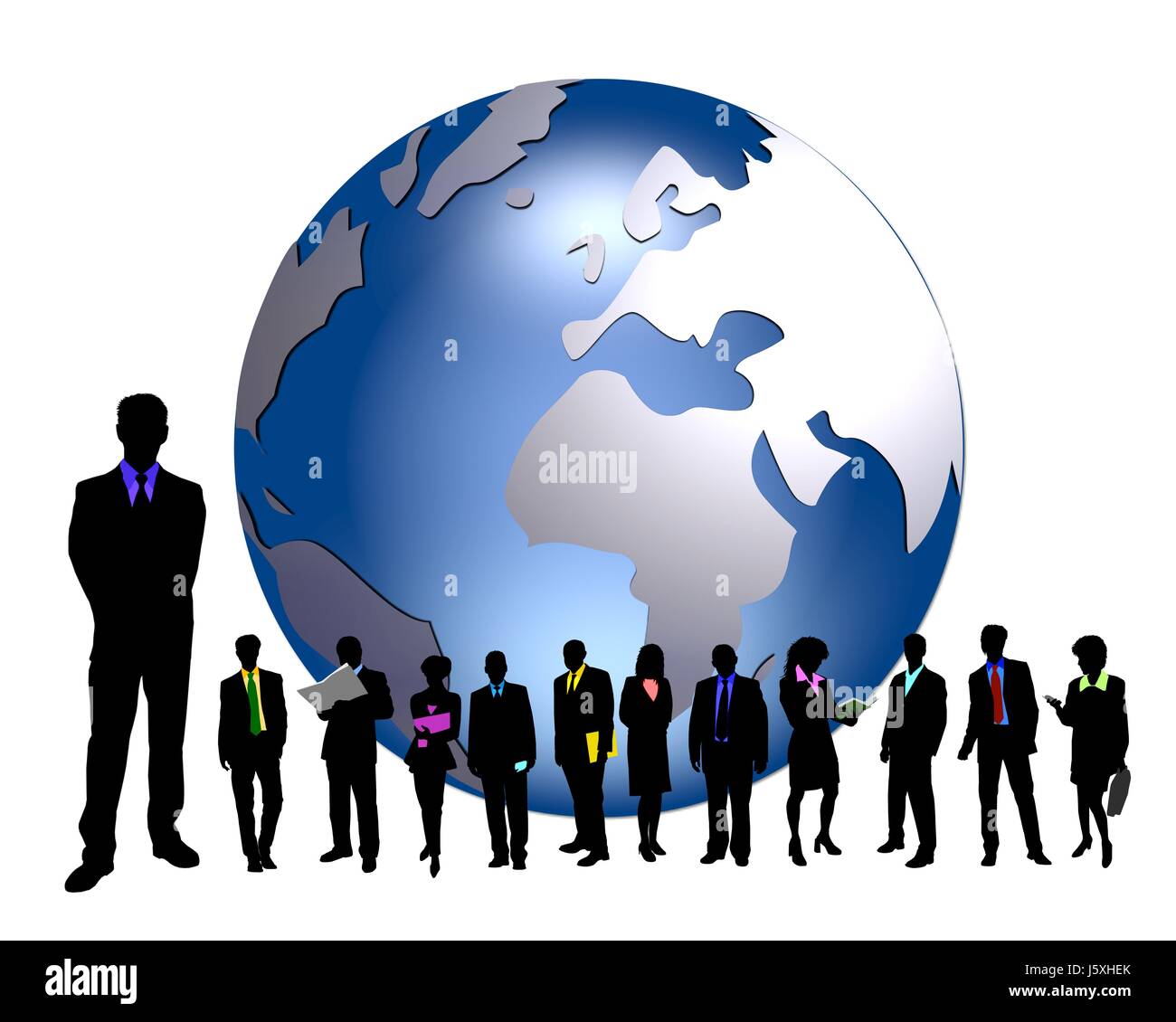 Office business man imprenditore imprenditrice donna di carriera teamwork globe Foto Stock