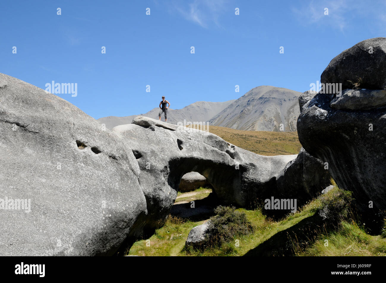 La Collina del Castello Rocks, un alto paese stazione di ovini, nei pressi di Arthur's Pass sull'Isola Sud della Nuova Zelanda. Foto Stock