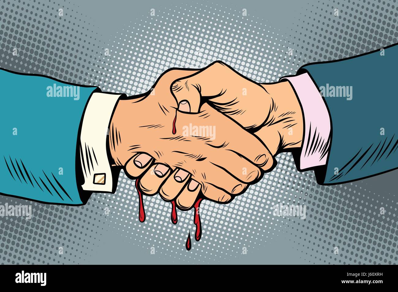 Bloody handshake, sottobanco delle transazioni aziendali. La Pop art retrò illustrazione vettoriale disegno Illustrazione Vettoriale