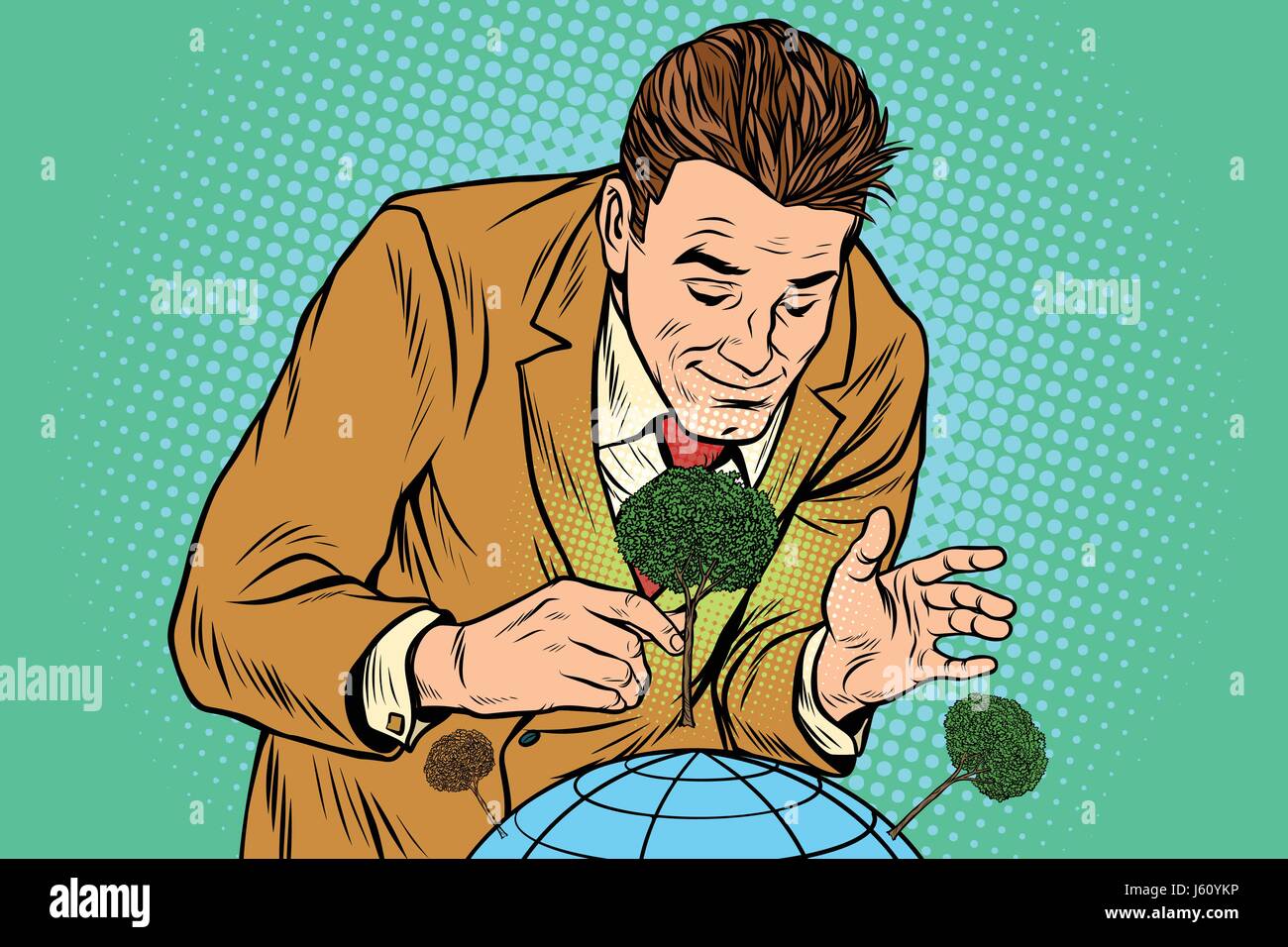 Persone e green planet, l'uomo impianti di una foresta. Le risorse della terra. La Pop art retrò illustrazione vettoriale disegno Illustrazione Vettoriale