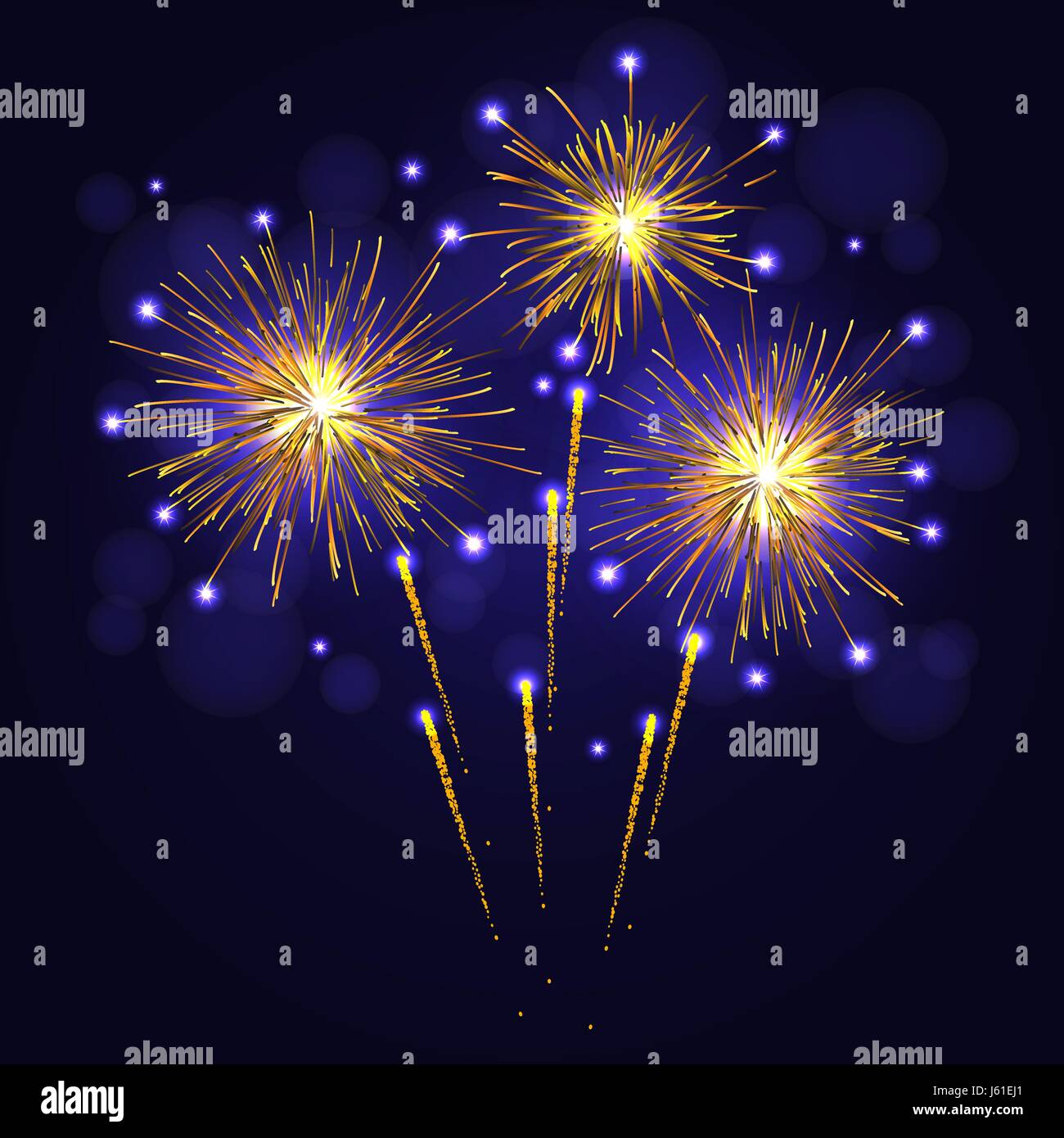 Celebrazione giallo oro fuochi d'artificio vettore oltre il cielo notturno. Il 4 luglio il giorno di indipendenza, Anno Nuovo sfondo vacanze Illustrazione Vettoriale