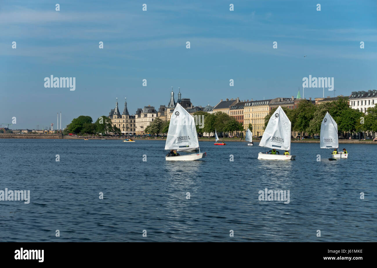 Junior marinai di optimist derive sul lago Peblinge nel centro di Copenhagen. Vista verso Søtorvet e Dronning Louises Bro. Foto Stock