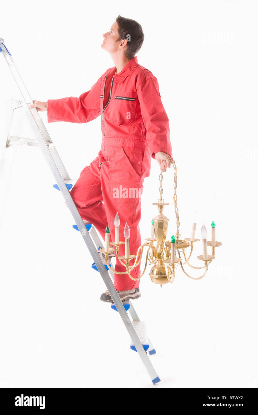 Donna artigiano artigiano elettricista handicraftsman scaletta di lavoro lavoro lavoro Foto Stock