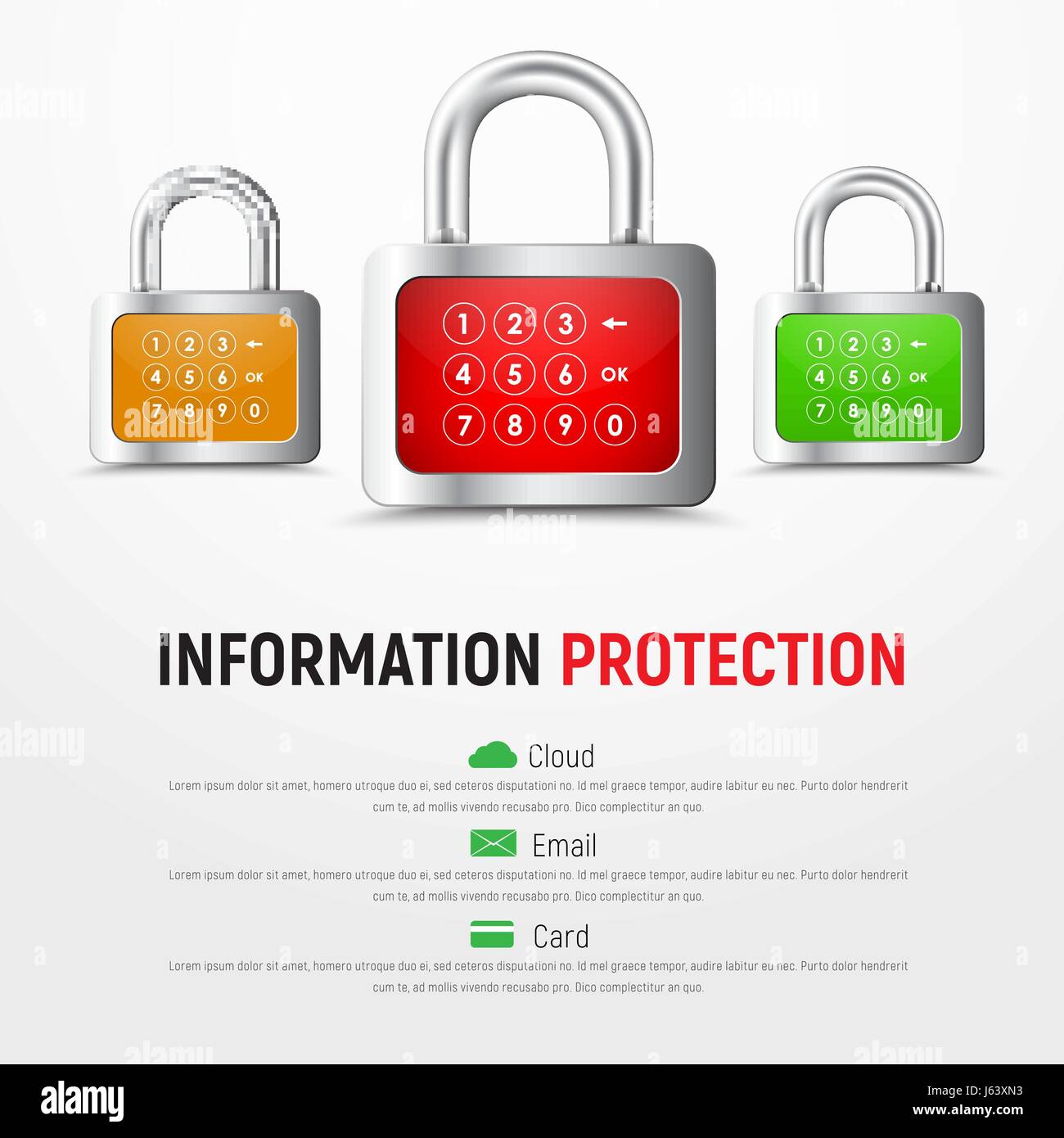 Disegno di un quadrato bianco banner web con lucchetti con codice PIN per proteggere le informazioni. Illustrazione Vettoriale Illustrazione Vettoriale