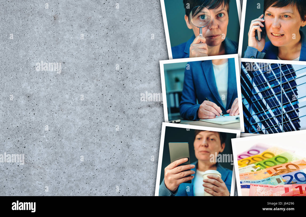 La donna nel business e imprenditorialità photo collage su cemento grigio sfondo Foto Stock