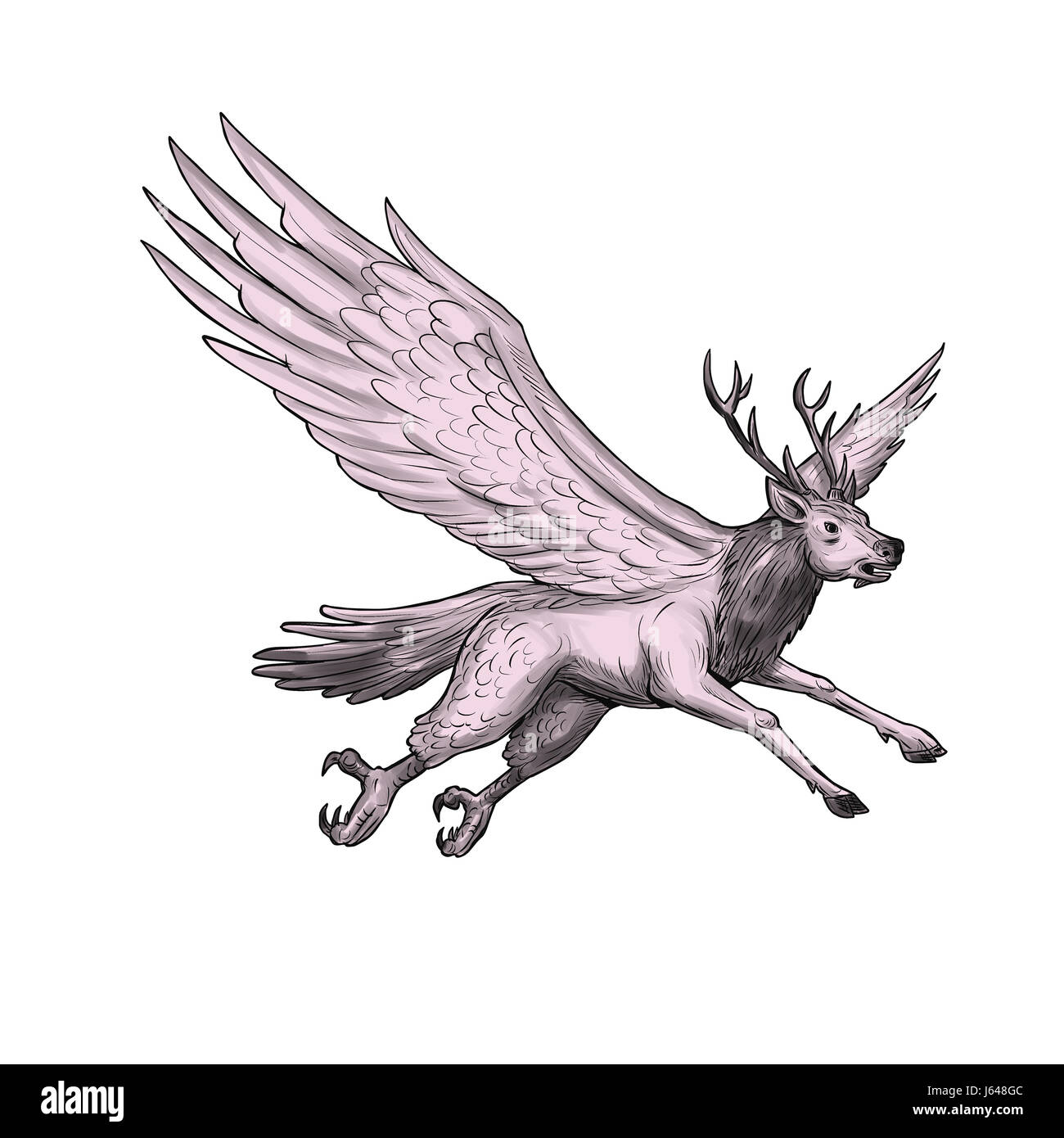 Lo stile di tatuaggio illustrazione di un Peryton, medievale europea mitica creatura con testa, zampe anteriori e corna di un full-cresciute stag con ali prugna Foto Stock