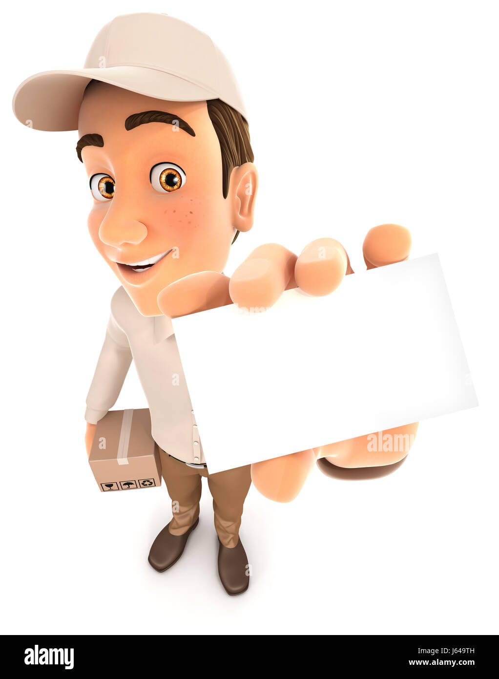 3d uomo consegna holding company card, illustrazione isolato con sfondo bianco Foto Stock