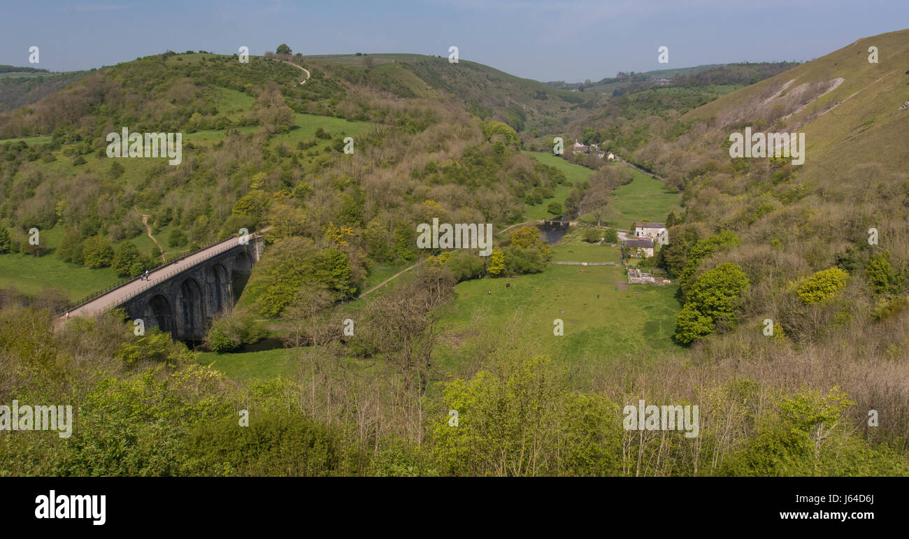Vista la primavera della Lapide (Monsal Dale) viadotto e la giunzione del Miller Dale e Monsal Dale nel Derbyshire Peak District Foto Stock