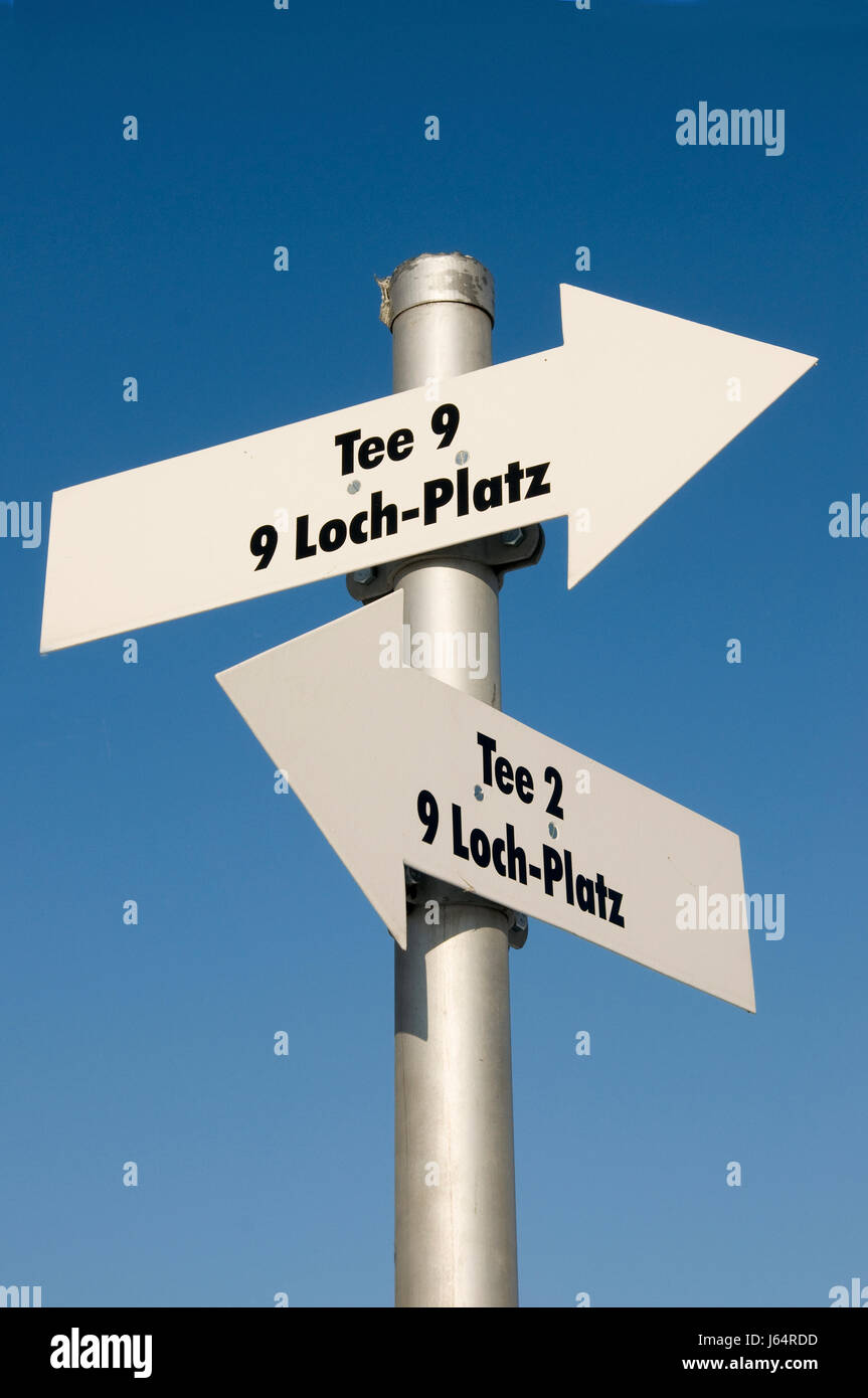 Segnale di segno tè foro quadrato golfo suggerimento campo da golf freccia blu shine Foto Stock
