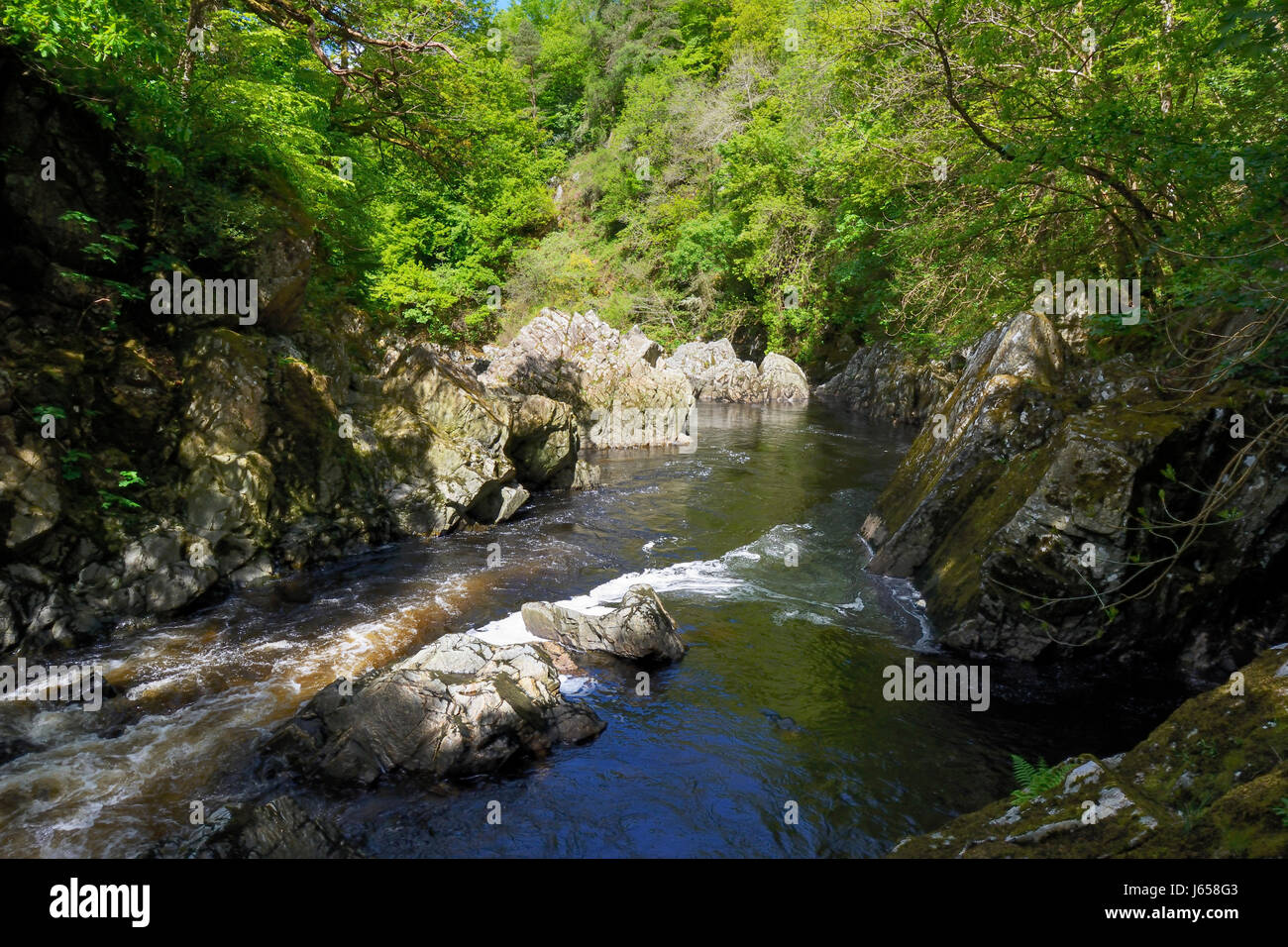 Afon Conwy fluente attraverso la gola sotto le cascate di Conway. Dalla sua fonte alta sul Migneint Mori, Llyn Conwy, Afon Conwy fluisce attraverso il hist Foto Stock