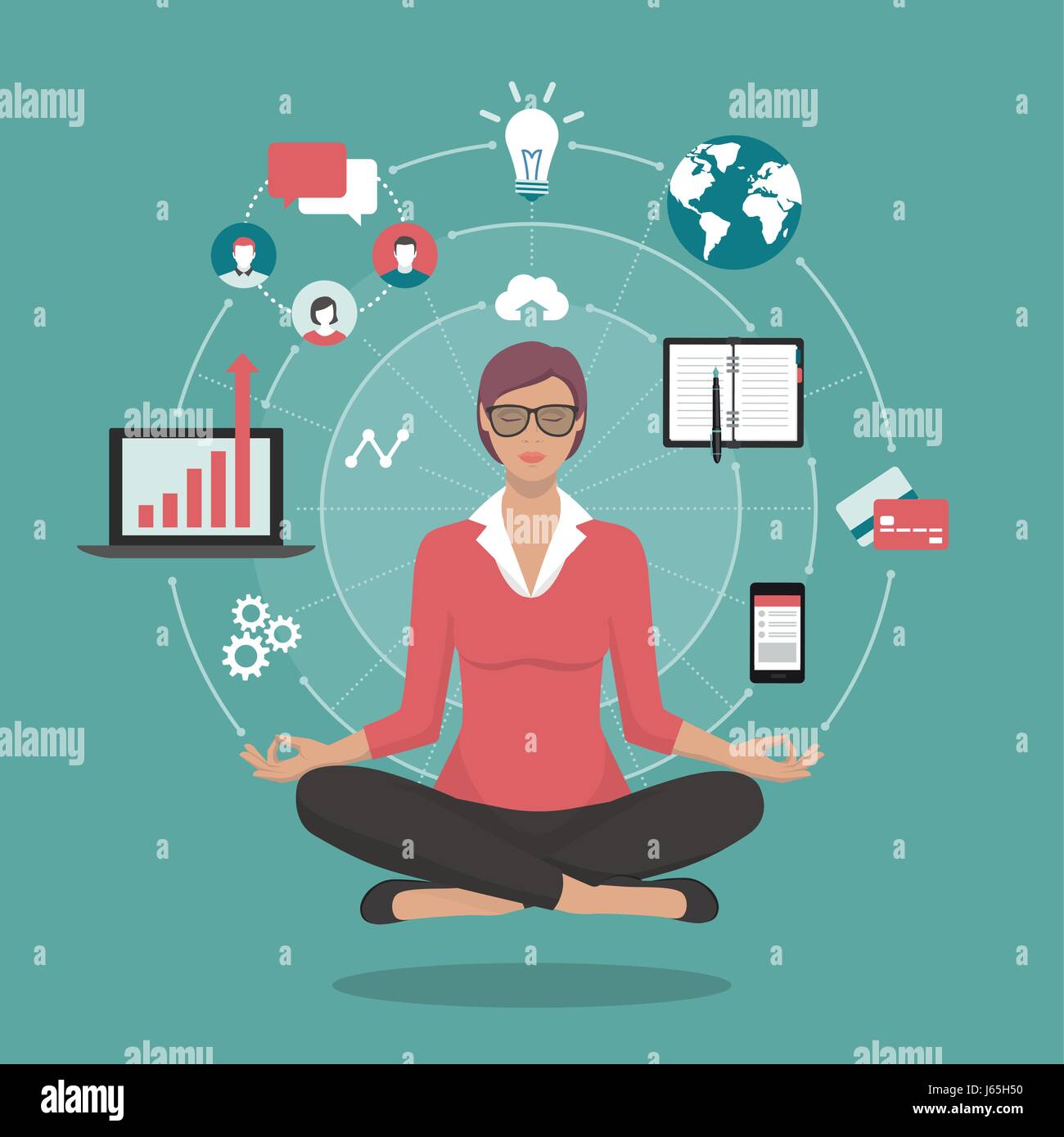 Imprenditrice pratica di mindfulness meditazione, lei sta cancellando la sua mente, rilasciando pensieri stressanti e di esprimere il suo potenziale; yoga e auto con Illustrazione Vettoriale