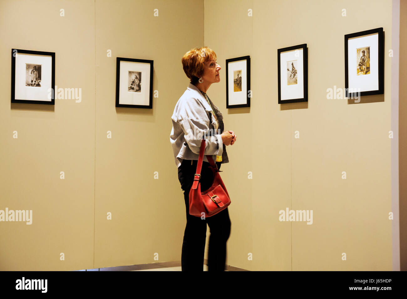 Michigan Saginaw,Saginaw Art Museum,istruzione,mostra collectionwoman donna donna femminile,mezza età,capelli rossi,cercando,stampe incorniciate,profilo,galle Foto Stock