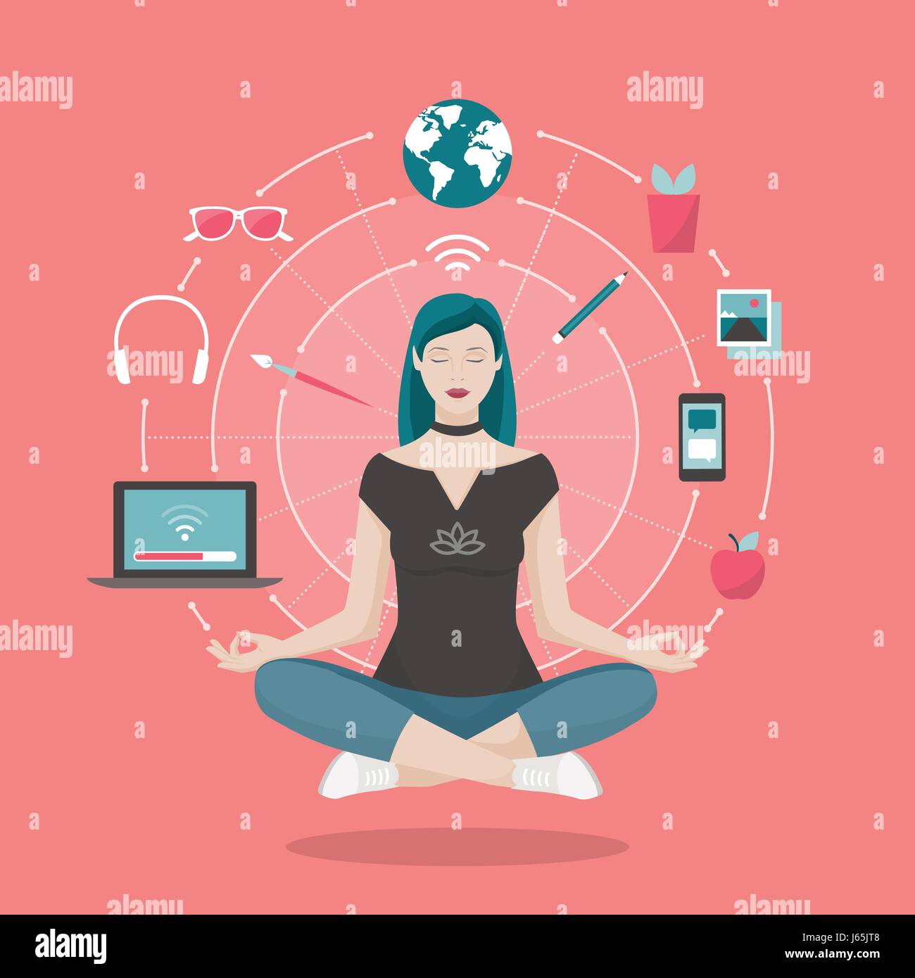 Giovane donna pratica di mindfulness meditazione, lei sta cancellando la sua mente, il rilascio di stress e di esprimere la propria creatività; yoga e una coscienza di sé c Illustrazione Vettoriale