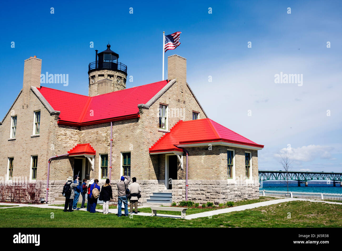 Michigan Mackinaw City, Mackinac Historic state Parks Park, Straits of Mackinac, Lake Huron, Old Mackinac Point Lighthouse, 1892, Keeper's Quarters, Early sp Foto Stock