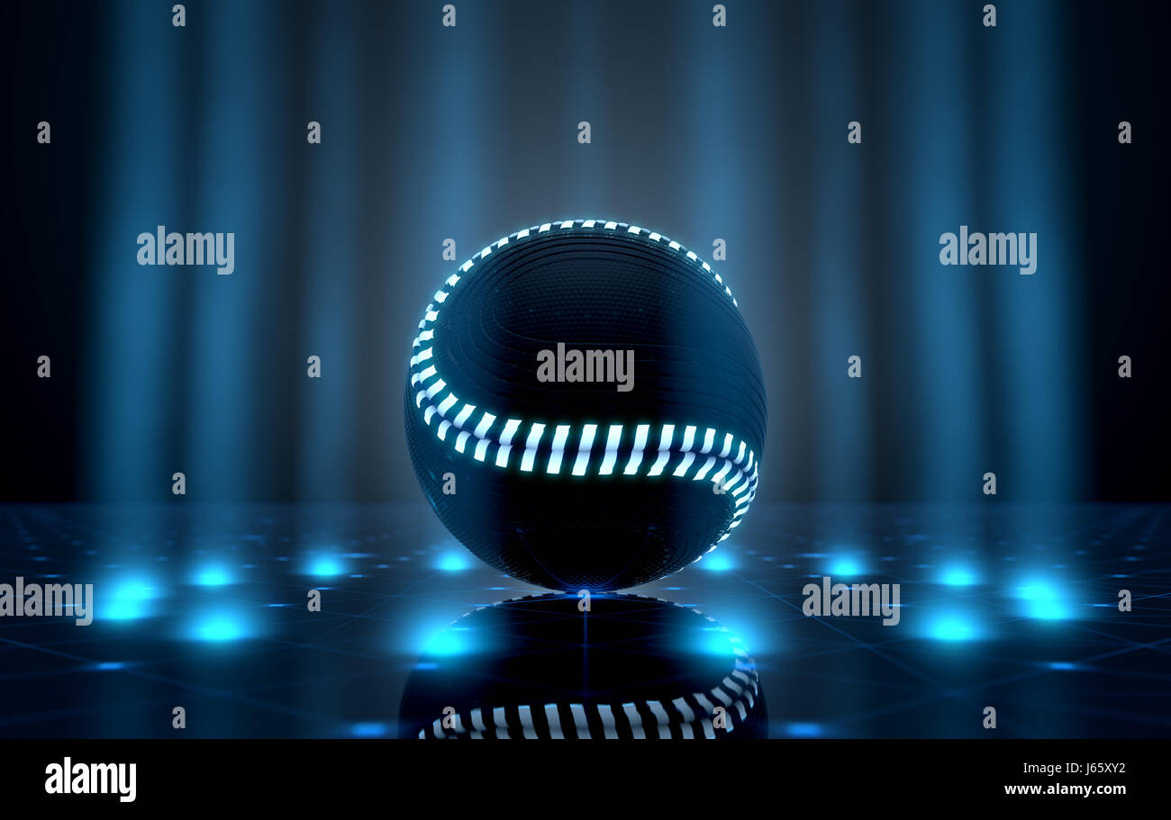 Un avveniristico sport concetto di una palla da baseball illuminata con neon di contrassegni su un avveniristico stadio spotlit - 3D render Foto Stock