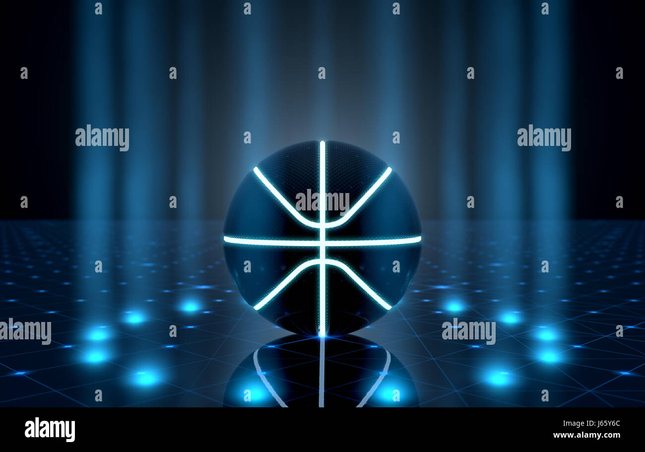 Un avveniristico sport concetto di una palla da basket illuminati al neon con contrassegni su un avveniristico stadio spotlit - 3D render Foto Stock