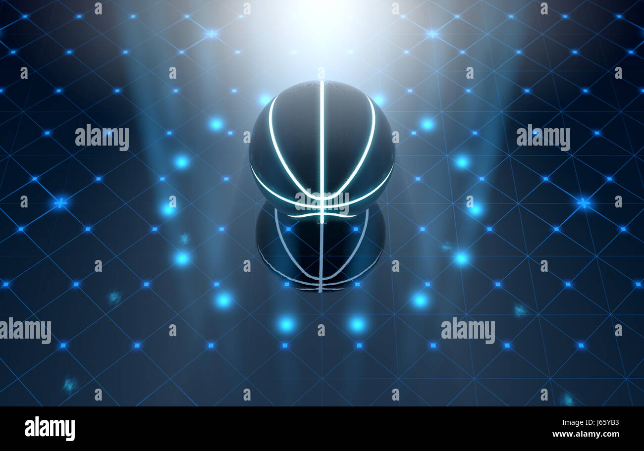 Un avveniristico sport concetto di una palla da basket illuminati al neon con contrassegni su un avveniristico stadio spotlit - 3D render Foto Stock