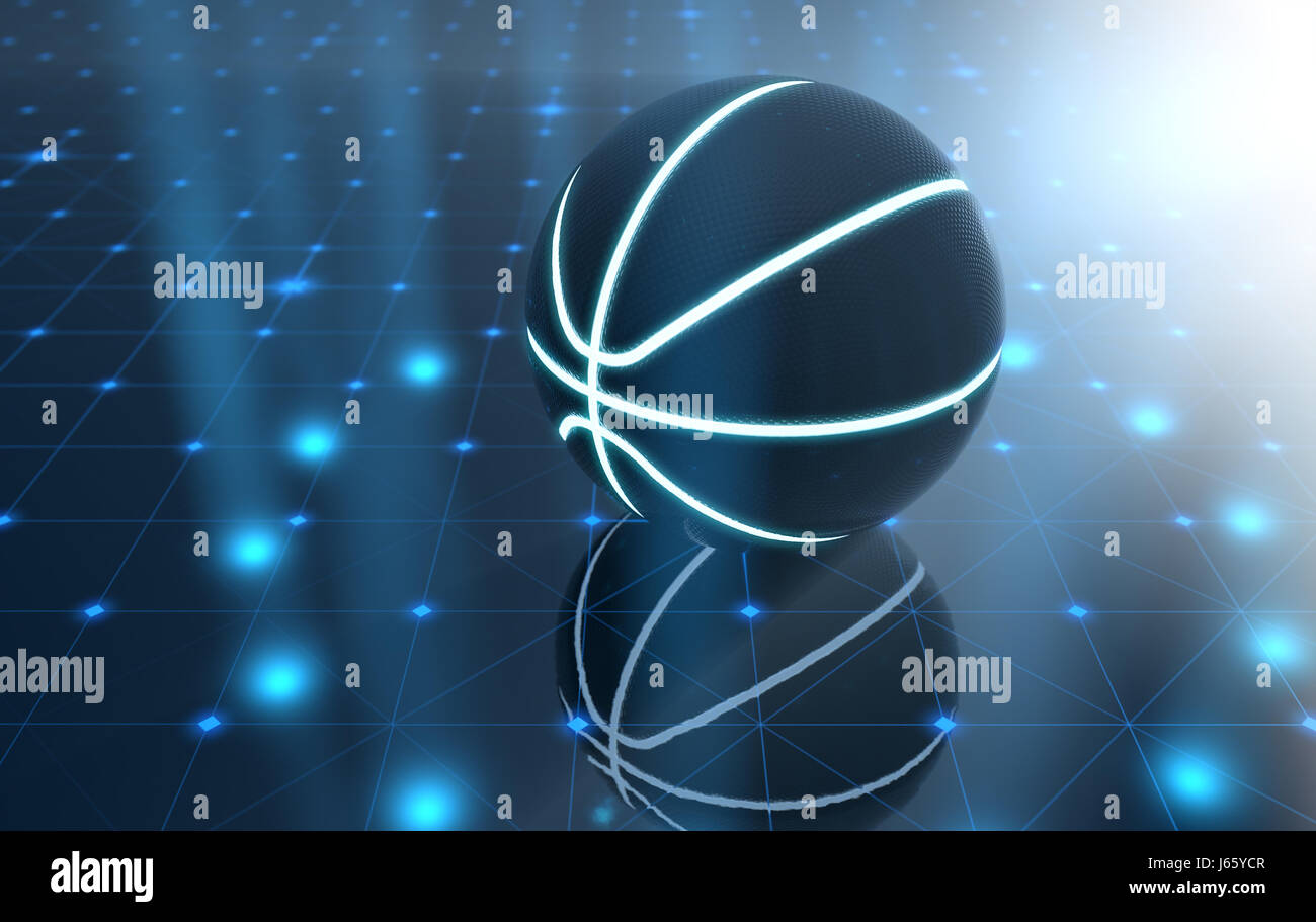 Un avveniristico sport concetto di una palla da basket illuminati al neon con contrassegni su un avveniristico stadio spotlit - 3D render Foto Stock