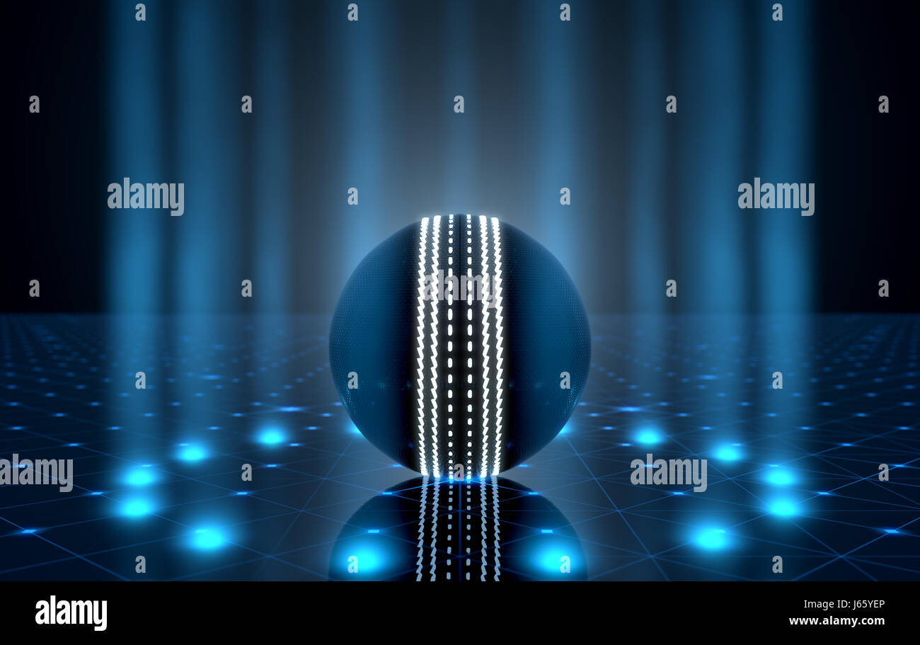 Un avveniristico sport concetto di una sfera di cricket illuminata con neon di contrassegni su un avveniristico stadio spotlit - 3D render Foto Stock