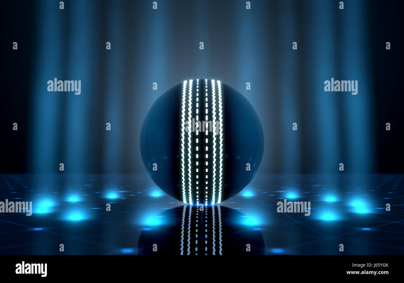 Un avveniristico sport concetto di una sfera di cricket illuminata con neon di contrassegni su un avveniristico stadio spotlit - 3D render Foto Stock