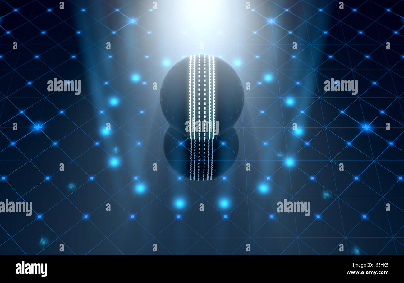 Un avveniristico sport concetto di una sfera di cricket illuminata con neon di contrassegni su un avveniristico stadio spotlit - 3D render Foto Stock