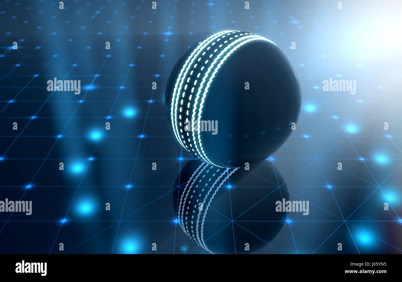 Un avveniristico sport concetto di una sfera di cricket illuminata con neon di contrassegni su un avveniristico stadio spotlit - 3D render Foto Stock