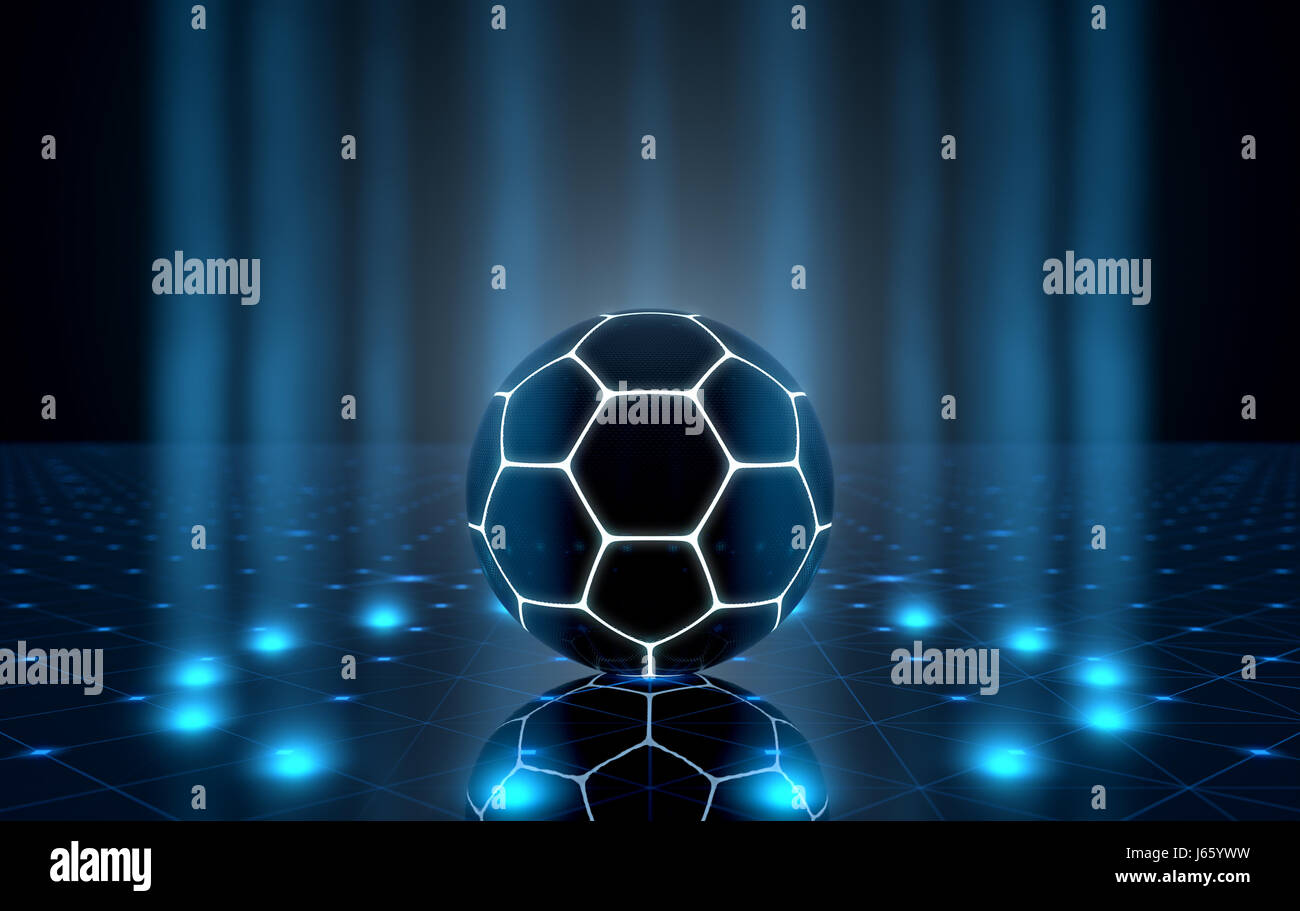 Un avveniristico sport concetto di un pallone da calcio illuminati al neon con contrassegni su un avveniristico stadio spotlit - 3D render Foto Stock