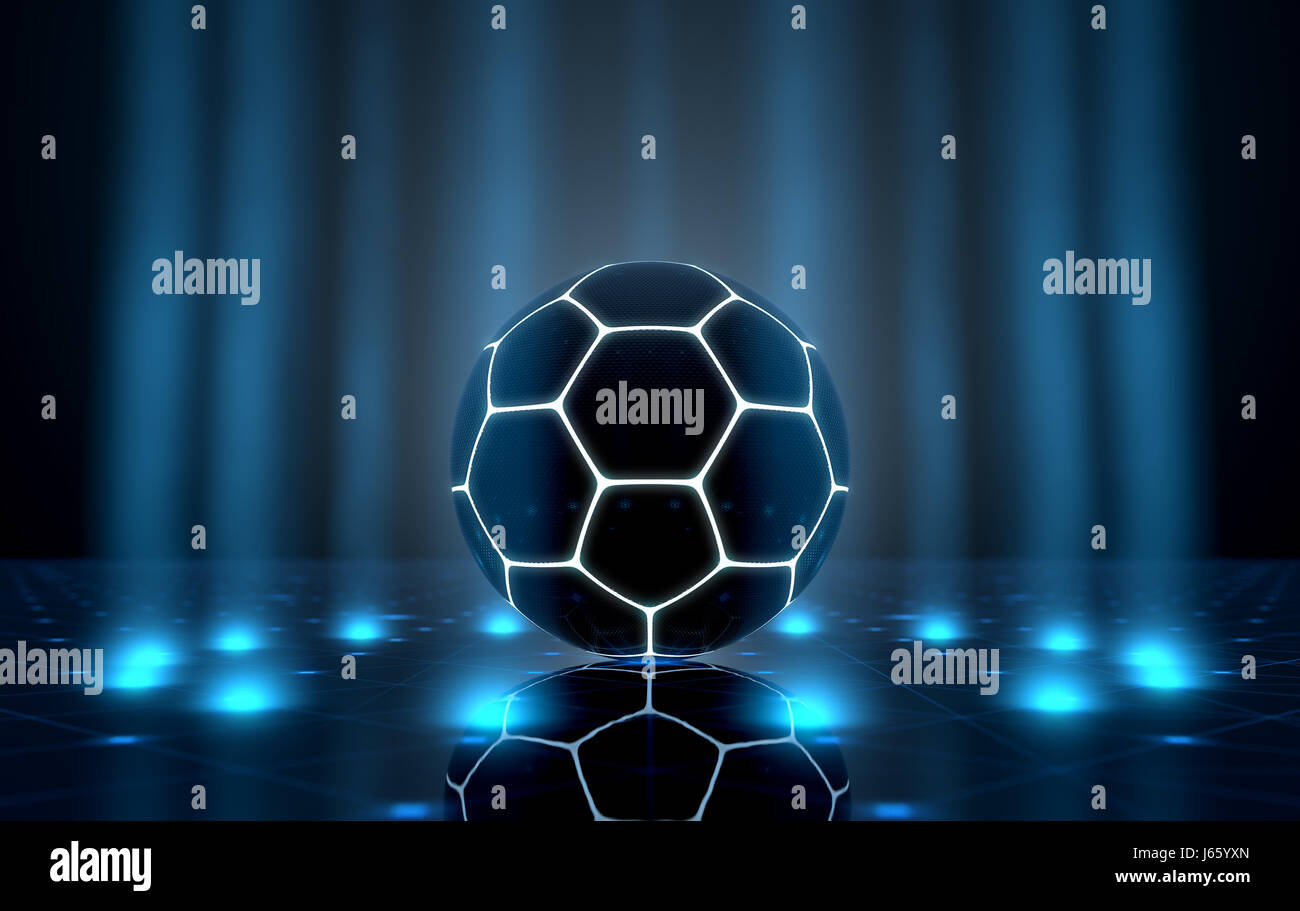 Un avveniristico sport concetto di un pallone da calcio illuminati al neon con contrassegni su un avveniristico stadio spotlit - 3D render Foto Stock