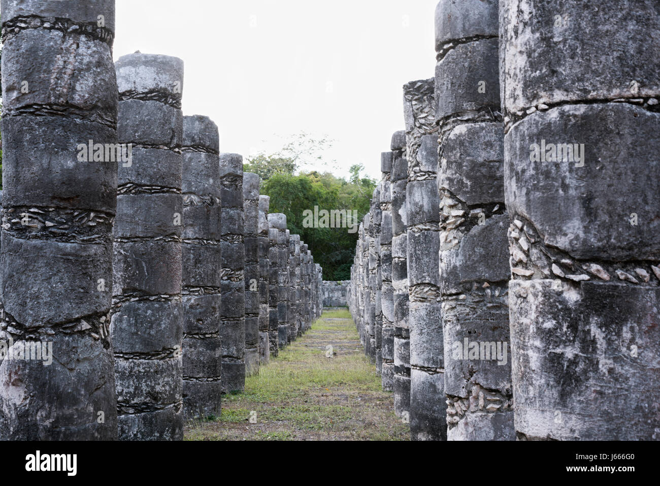 Le colonne del tempio di un migliaio di guerrieri in Chichen Itza, rovine della civiltà Maya, Messico Foto Stock