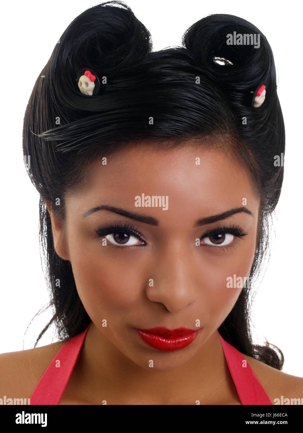 Ritratto di donna rossetto giovani giovani ispanici rosso nero closeup ragazza etnica Foto Stock