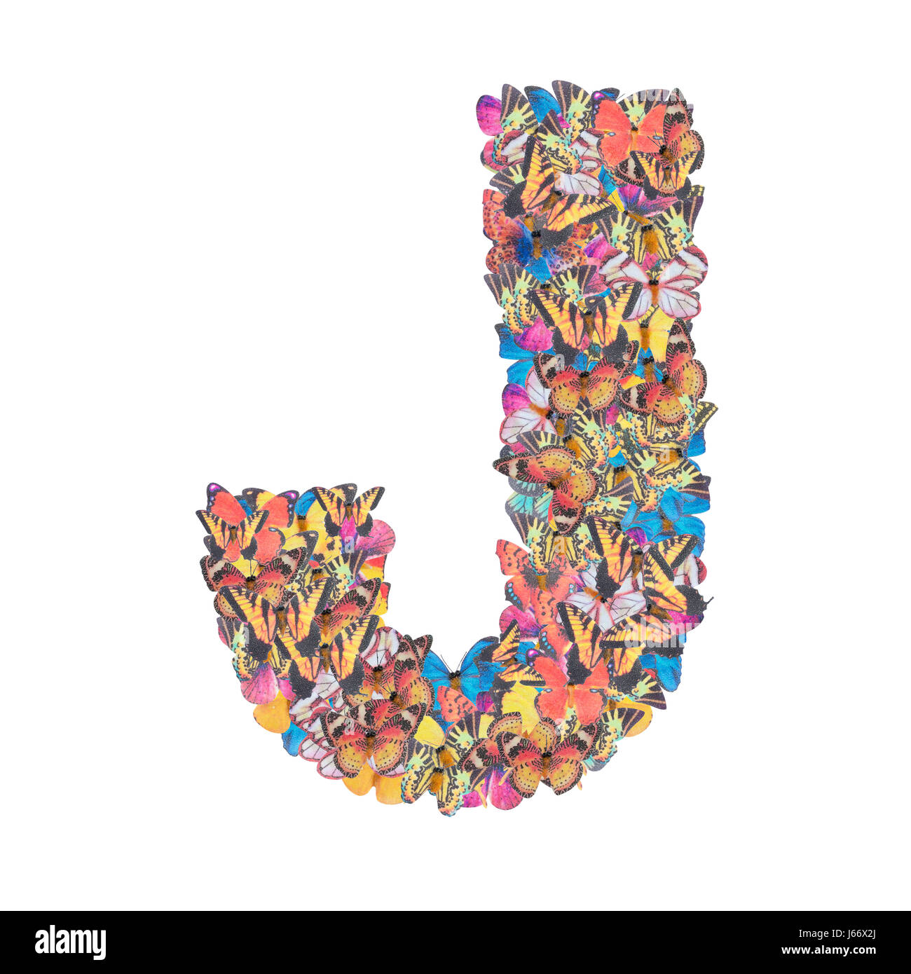 La lettera J alfabeto con butterfly abc tipo di concetto come isolato del logo su sfondo bianco Foto Stock