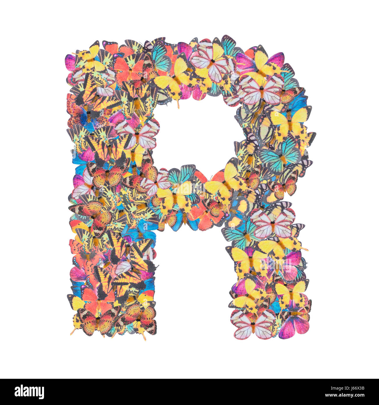 La lettera R alfabeto con butterfly abc tipo di concetto come isolato del logo su sfondo bianco Foto Stock