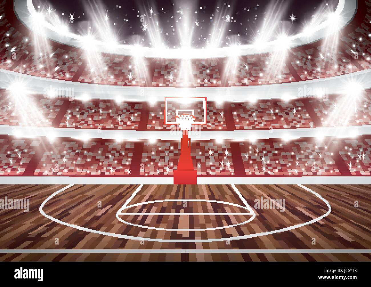 Campo da pallacanestro con Hoop e faretti. Illustrazione Vettoriale. Illustrazione Vettoriale