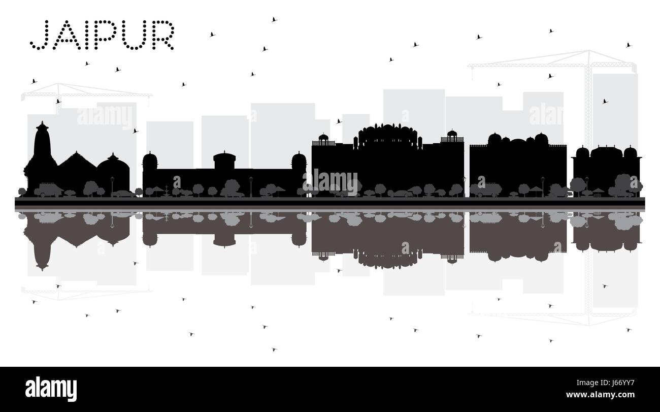 Jaipur skyline della città in bianco e nero con silhouette riflessioni. illustrazione vettoriale. semplice piatto concetto per il turismo presentazione, banner, cartellone Illustrazione Vettoriale