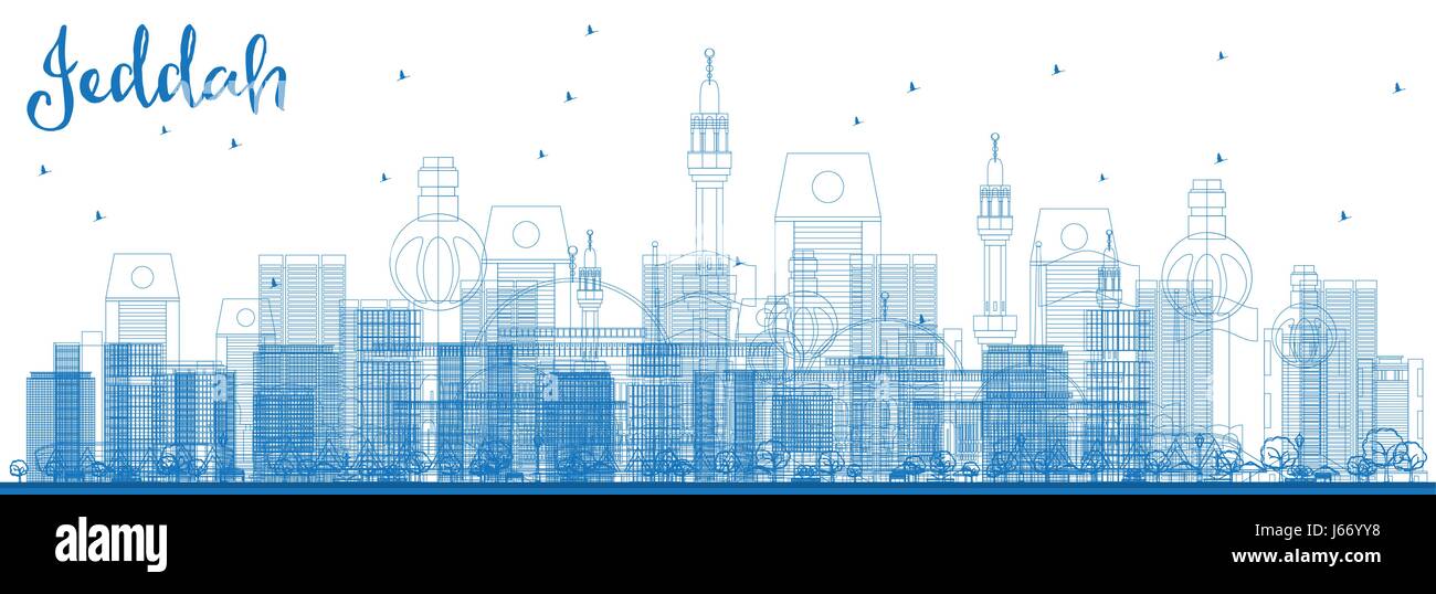 Profilo dello Skyline di Jeddah con edifici blu. Illustrazione Vettoriale. Viaggi di affari e turismo concetto con edifici moderni. Immagine per la presentazione Illustrazione Vettoriale
