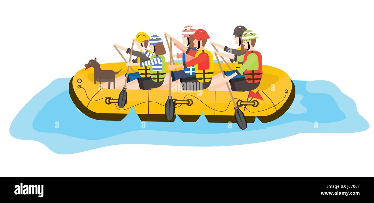 Il rafting. Sei persone e cane in barca giallo. Illustrazione Vettoriale. Illustrazione Vettoriale