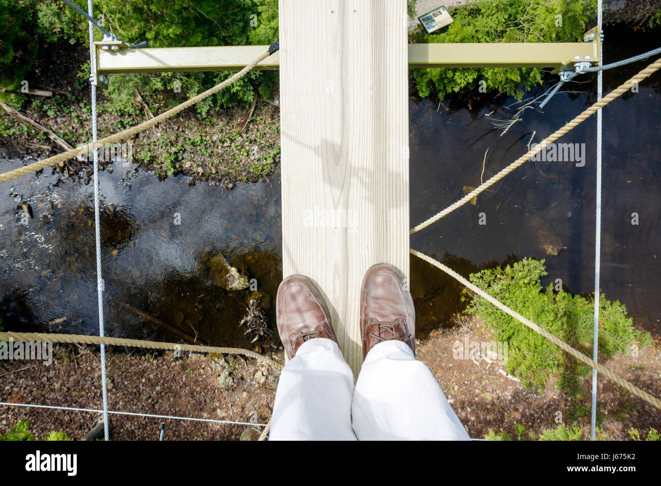 Michigan Mackinaw City, Mackinac state Historic Parks Park, storico Mill Creek Discovery Park, Forest Canopy Bridge, guardando verso il basso, ponte via cavo, sospensione Foto Stock
