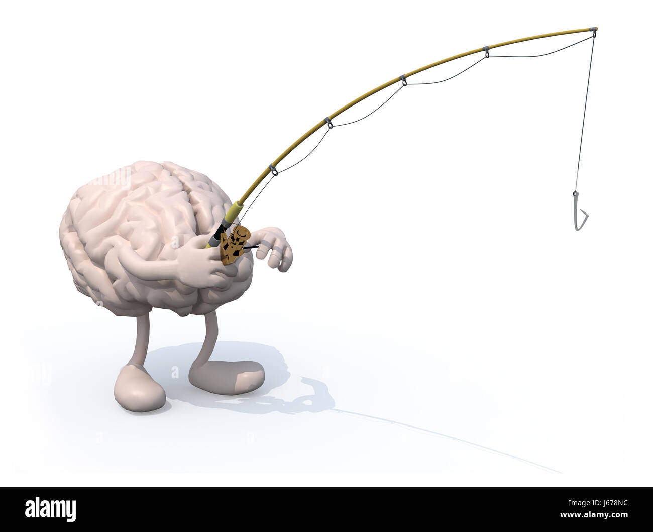 Cervello umano con le braccia e le gambe e pesca polo a portata di mano, 3d illustrazione Foto Stock