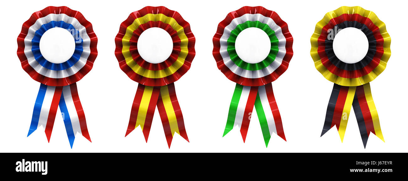 Set di American/francese , spagnolo , italiano e tedesco ribbon cockades isolato su bianco , bandiera nazionale rosette Foto Stock